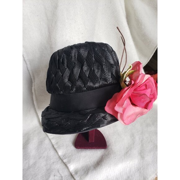 Black Vintage Cloche Hat with Large Pink Roses Woven Raffia - Picture 4 of 10